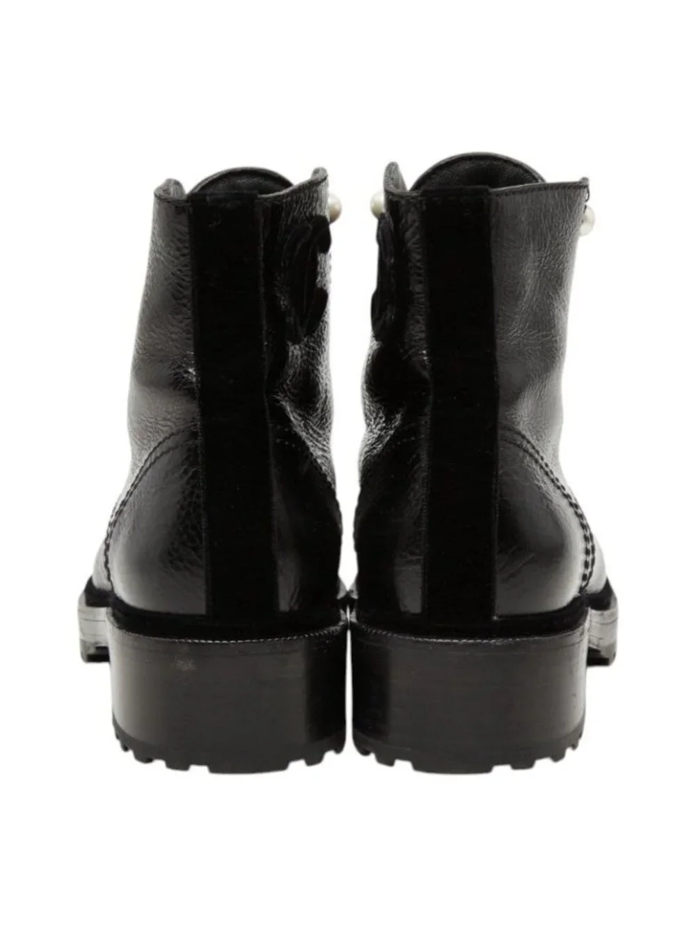 Chanel CC Logo Lace Up Short Boots 38 Black Leather Velour Faux Pearl